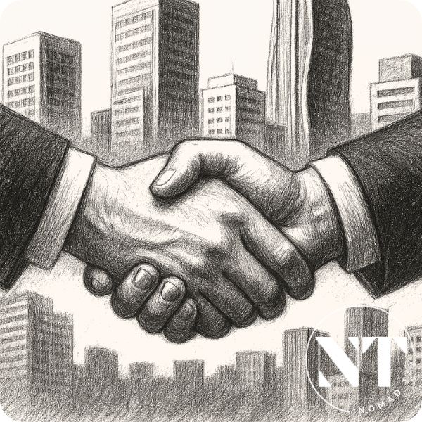 Handshake in the foreground with the Asunción skyline in the background, symbolizing agreements and foreign investment for investing in real estate in Paraguay.
