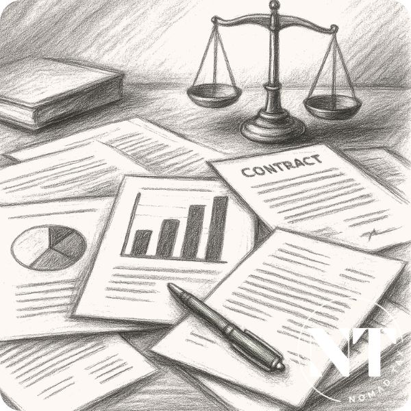 Office desk with contracts, reports, and financial charts in charcoal style, representing compliance and analysis of taxes in Bulgaria.