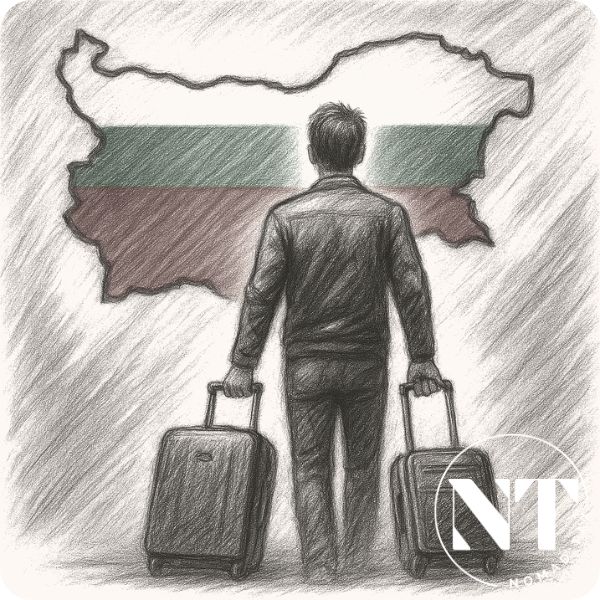 Person with luggage facing the map of Bulgaria with its flag, symbolizing mobility and fiscal decisions related to taxes in Bulgaria.