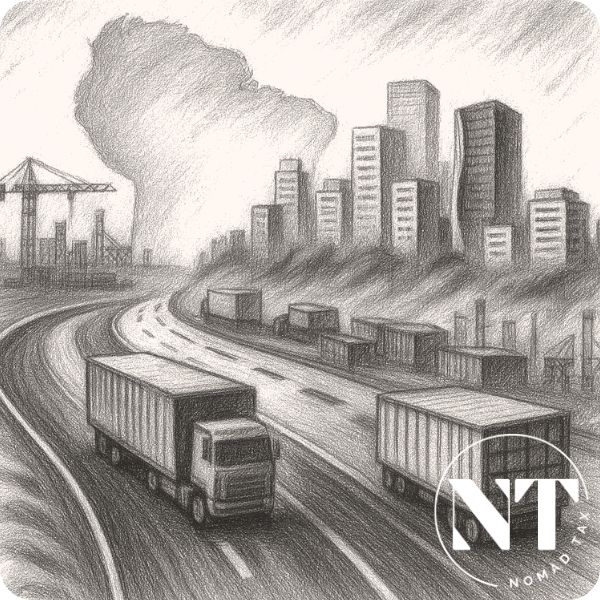Highway with cargo trucks heading toward a modern skyline, cranes, and containers, with the outline of South America in the background, symbolizing the Bioceanic Route and its impact on investing in real estate in Paraguay.