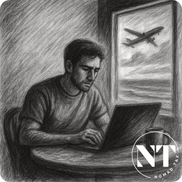 Nómada digital trabajando con su portátil en una cafetería, mientras un avión pasa por la ventana, representando la residencia fiscal para nómadas digitales como el vínculo que define dónde tributan sus ingresos.