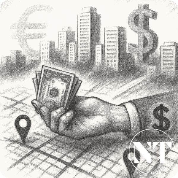 Hand holding money over a map with location pins and the Asunción skyline in the background, with translucent euro and dollar symbols, representing opportunities for investing in real estate in Paraguay.