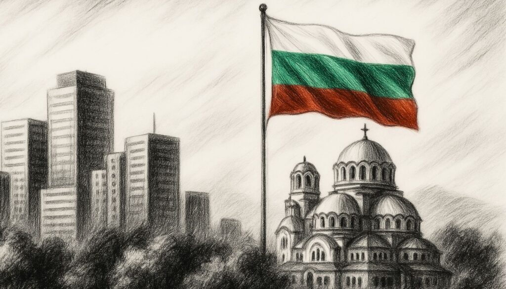 Modern Sofia skyline next to the Alexander Nevsky Cathedral and the Bulgarian flag, symbolizing tradition and modernity in taxes in Bulgaria.