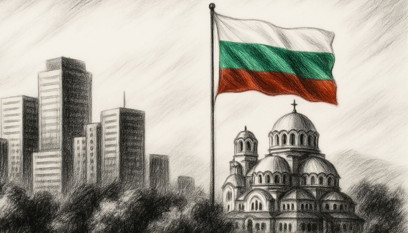 Skyline moderno de Sofía junto a la Catedral Alexander Nevsky y la bandera de Bulgaria, simbolizando tradición y modernidad en los impuestos en Bulgaria.