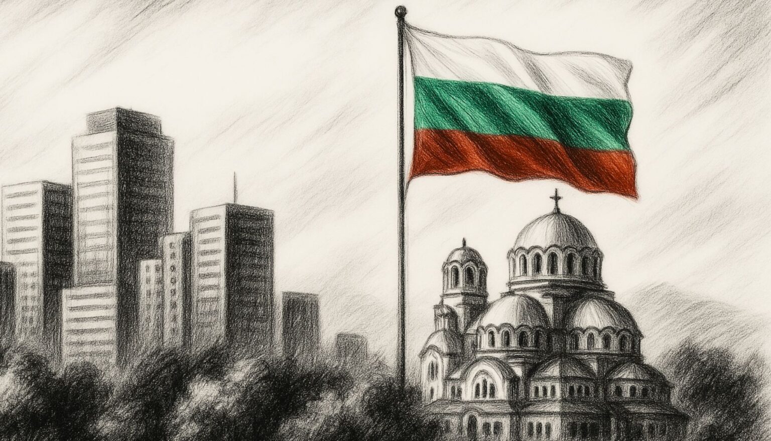 Modern Sofia skyline next to the Alexander Nevsky Cathedral and the Bulgarian flag, symbolizing tradition and modernity in taxes in Bulgaria.