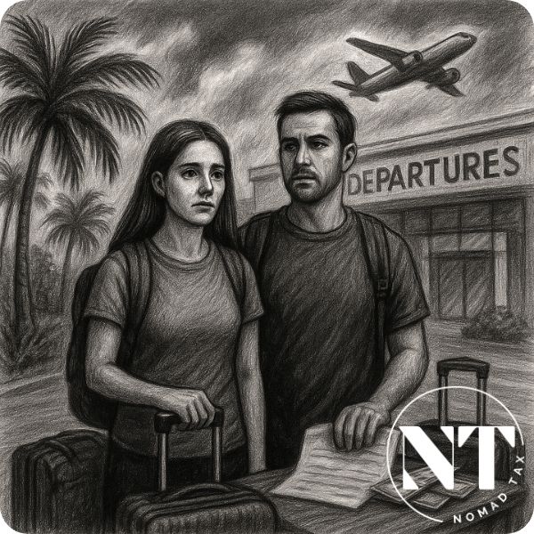 Charcoal-style illustration of a pair of digital nomads at the airport entrance with suitcases, looking determined as a plane takes off, symbolizing leaving because of Taxes in Thailand.