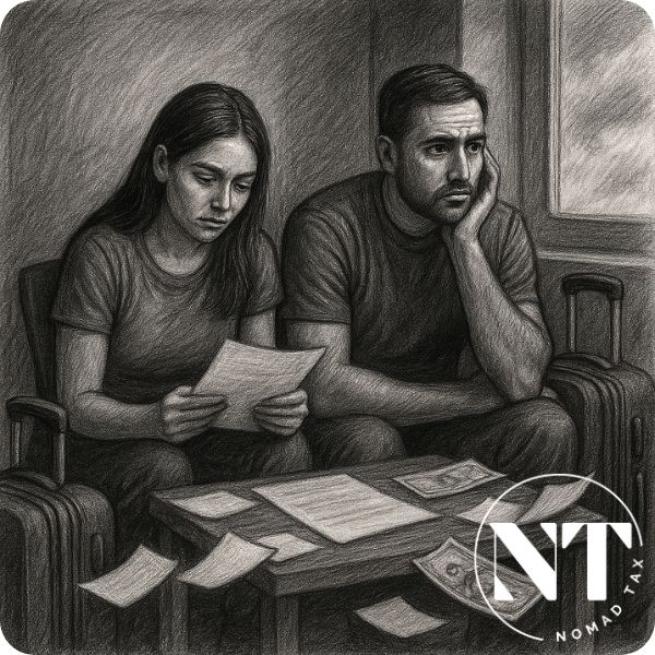 A pair of digital nomads in an improvised office, surrounded by papers and suitcases. Their faces show concern and uncertainty, reflecting the real impact of Taxes in Thailand.