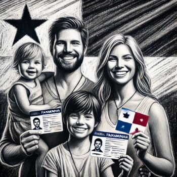 Dibujo en carboncillo de una familia occidental mostrando sus tarjetas de residencia frente a una bandera de Panamá, representando la culminación exitosa del proceso de visado.